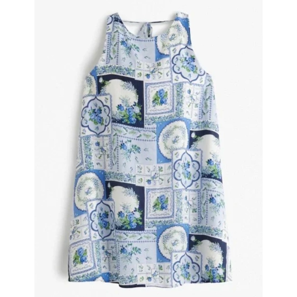 New ABERCROMBIE/FITCH Blue Floral Chiffon TRAPEZE MINI DRESS Open Back w Tie XS